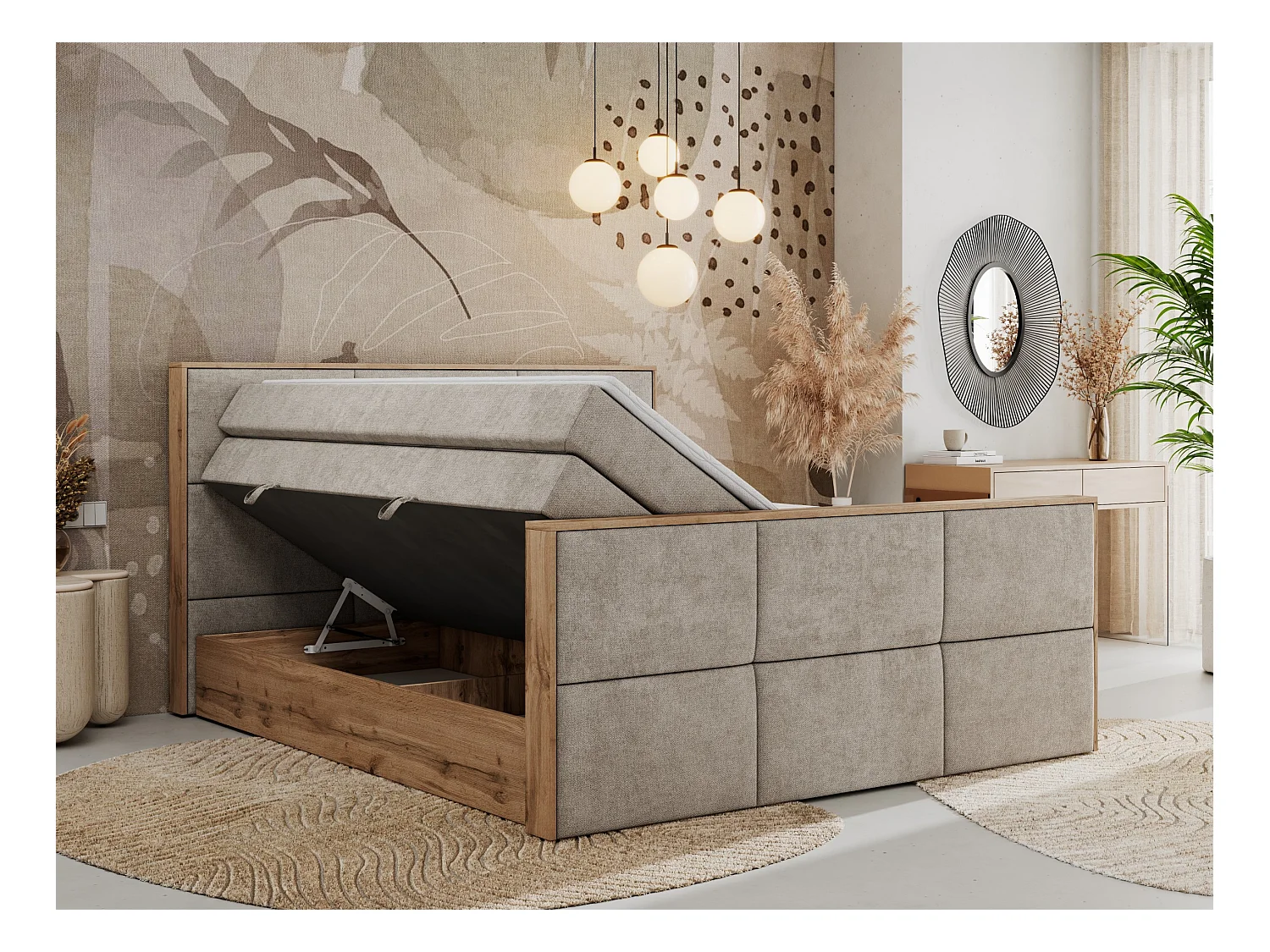 Boxspringbett ALBERO 2 KING DUO - Eiche Wotan Holzrahmen, zwei Multipocket-Matratzen, Bettkästen - 140x200 cm - H4 - Beige Strukture