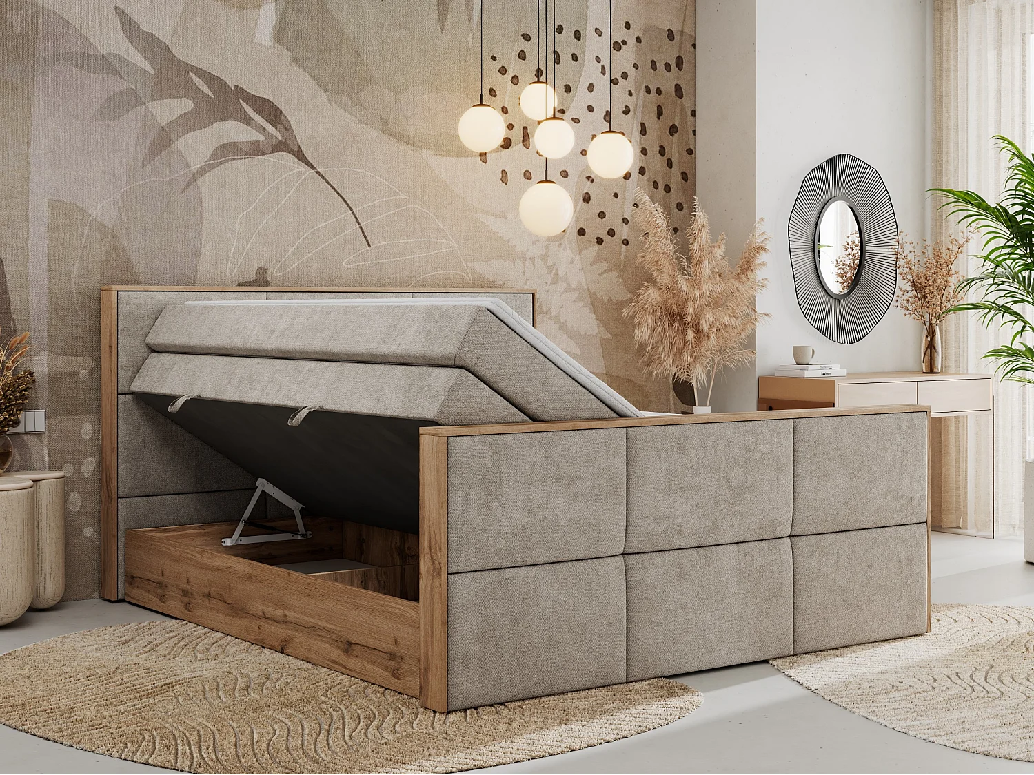 Boxspringbett ALBERO 2 KING DUO - Eiche Wotan Holzrahmen, zwei Multipocket-Matratzen, Bettkästen - 140x200 cm - H4 - Beige Strukture