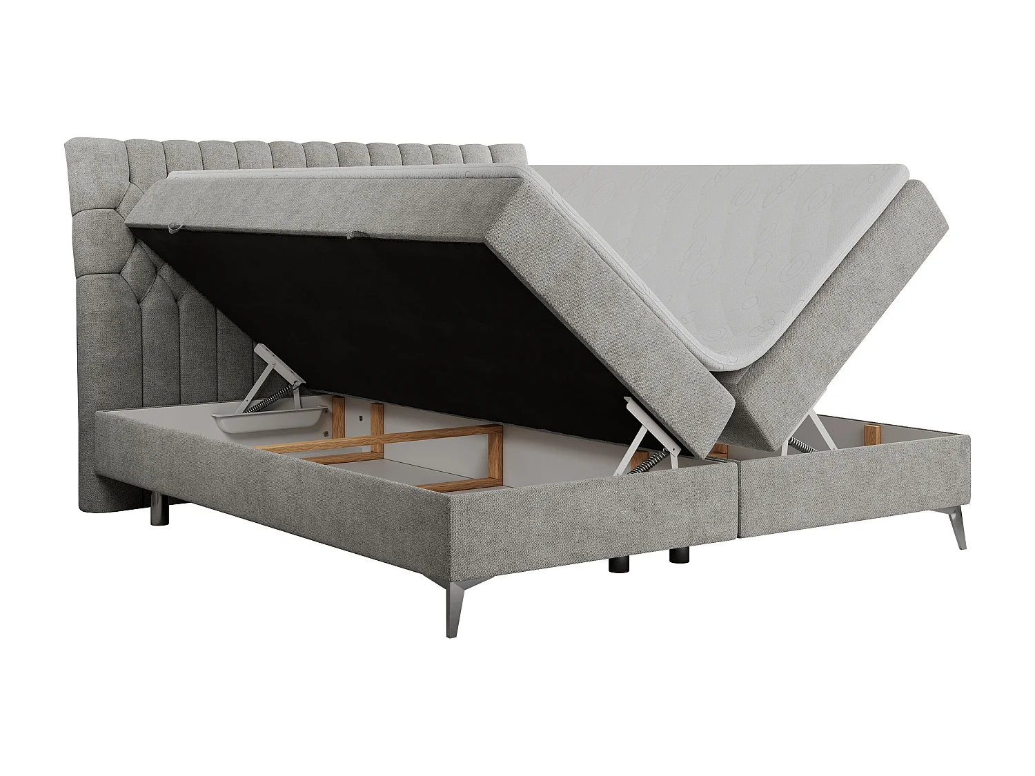 Boxspringbett MILEN - gepolstertes Schlafzimmerbett, zwei Multipocket-Matratze, dekorative hohe Beine - 140x200 cm - H3 - Hellgrau Strukture