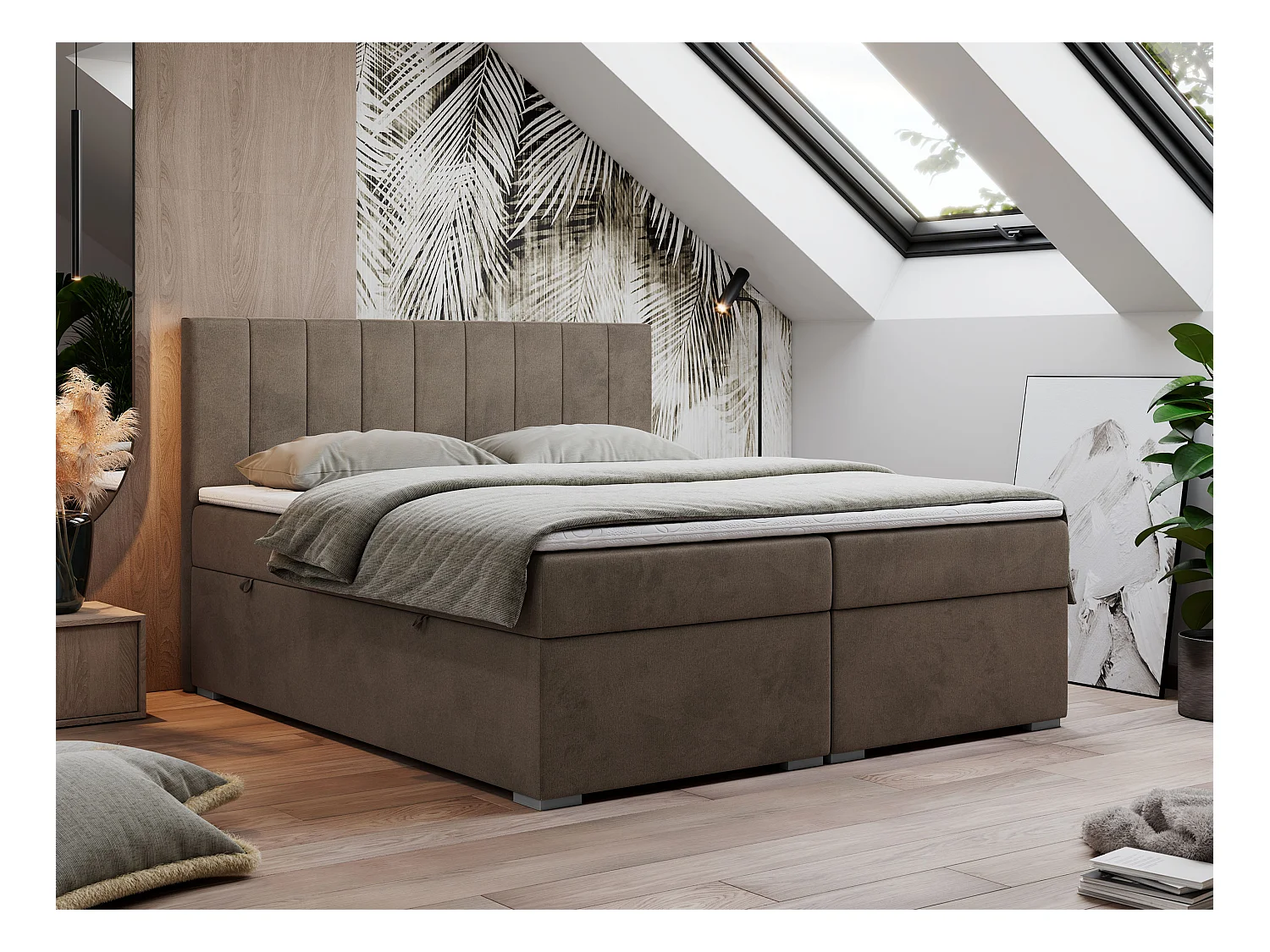Boxspringbett LOPE - genähtes Kopfteil, Doppelbett mit Stauraum, Multipocket-Matratze, Topper - 140x200 cm - H3 - Braun Velvet