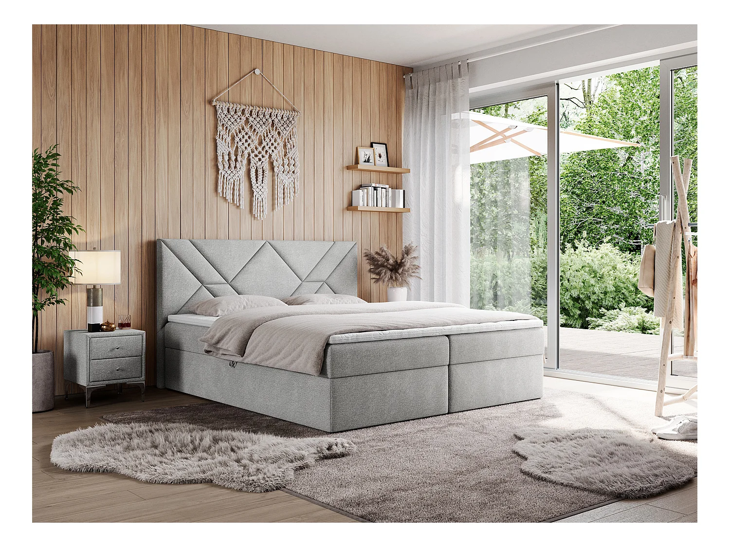 Boxspringbett NEOMI - dekorativem Kopfteil, Polsterbett mit Multipocket-Matratzen, zwei Bettkästen - 120x200 cm - H4 - Hellgrau Strukture