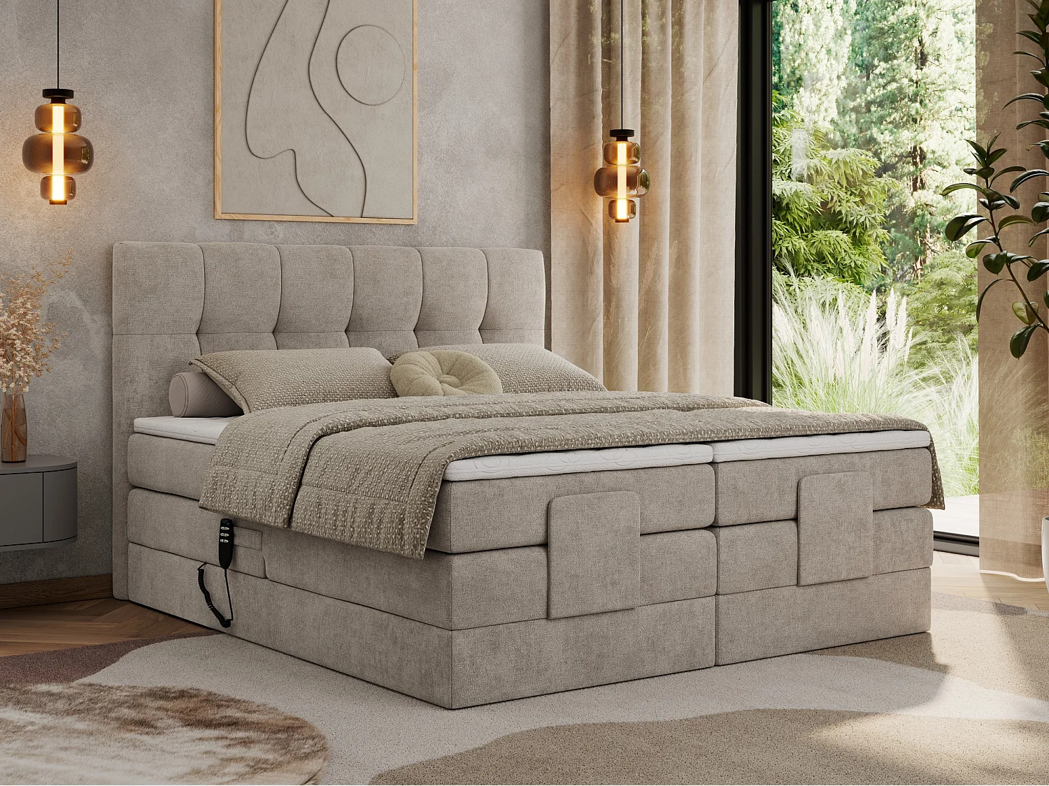Boxspringbett VITTORIA - mit gestepptem Kopfteil, elektrischem Untergestell, Multipocket-Matratze - 180x200 cm - H3 - Beige Strukture