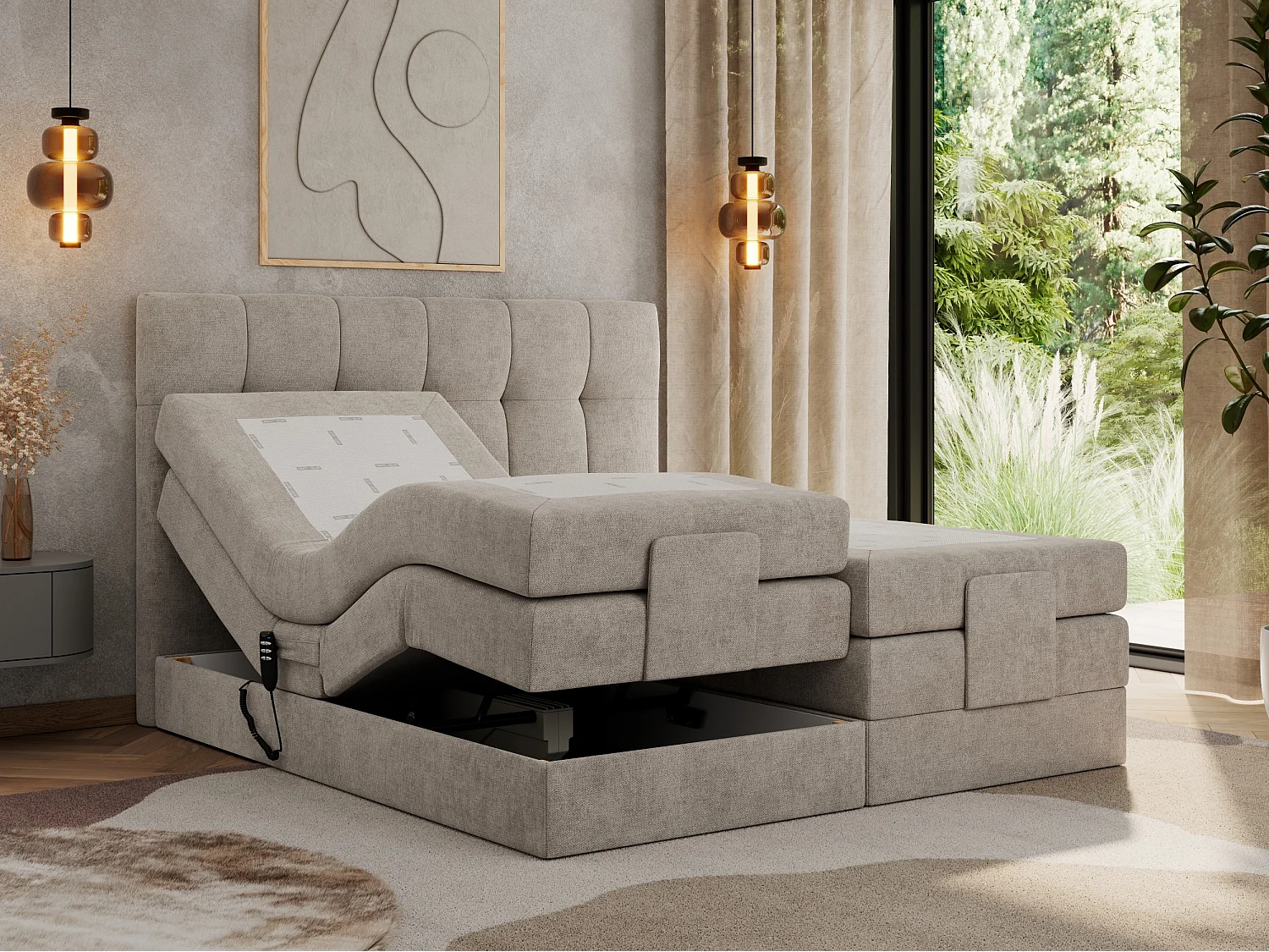 Boxspringbett VITTORIA - mit gestepptem Kopfteil, elektrischem Untergestell, Multipocket-Matratze - 180x200 cm - H3 - Beige Strukture