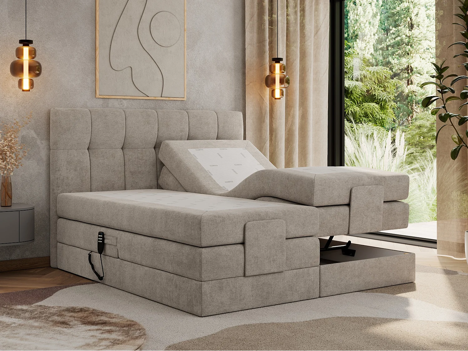 Boxspringbett VITTORIA - mit gestepptem Kopfteil, elektrischem Untergestell, Multipocket-Matratze - 180x200 cm - H3 - Beige Strukture