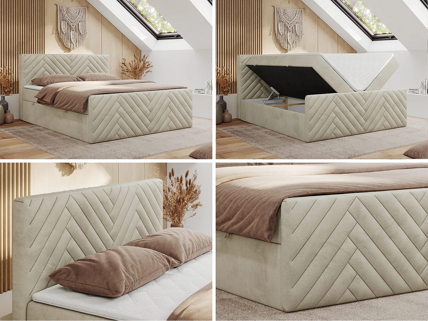 Boxspringbett PARIS DUO - Polsterbett mit genähtem Kopfteil und Frontplatte, Doppelbett, zwei Bettkästen - 160x200 cm - H4 - Beige Velvet