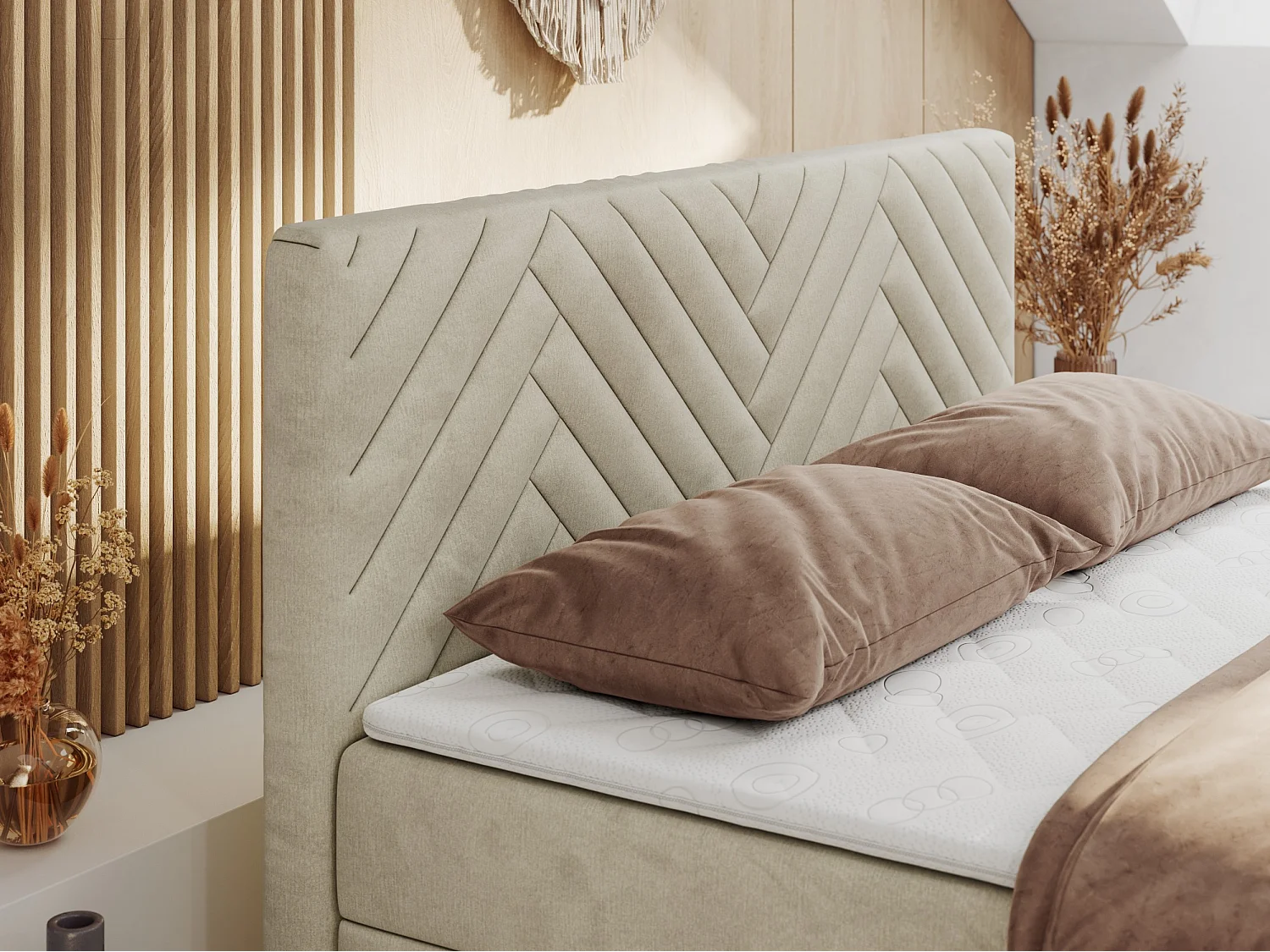 Boxspringbett PARIS DUO - Polsterbett mit genähtem Kopfteil und Frontplatte, Doppelbett, zwei Bettkästen - 160x200 cm - H4 - Beige Velvet