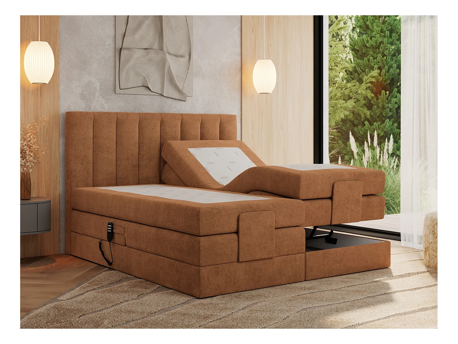 Boxspringbett COMFORTO - Doppelbett, Elektrisch verstellbare, Multipocket-Matratzen und Topper, genähtes Kopfteil - 140x200 cm - H4 - Orange Strukture