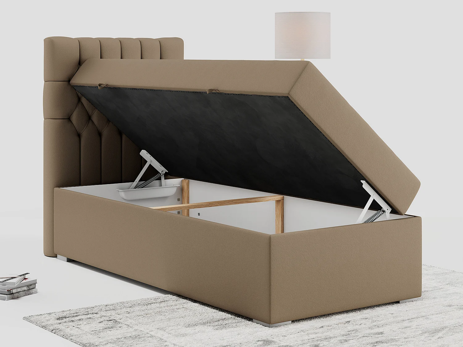 Boxspringbett PERA - Einzelbett mit Kopfstütze, Polsterbett, Multipocket-Matratze, genähtes Kopfteil - 90x200 cm - H4 - Braun Kunstleder - Links Seite