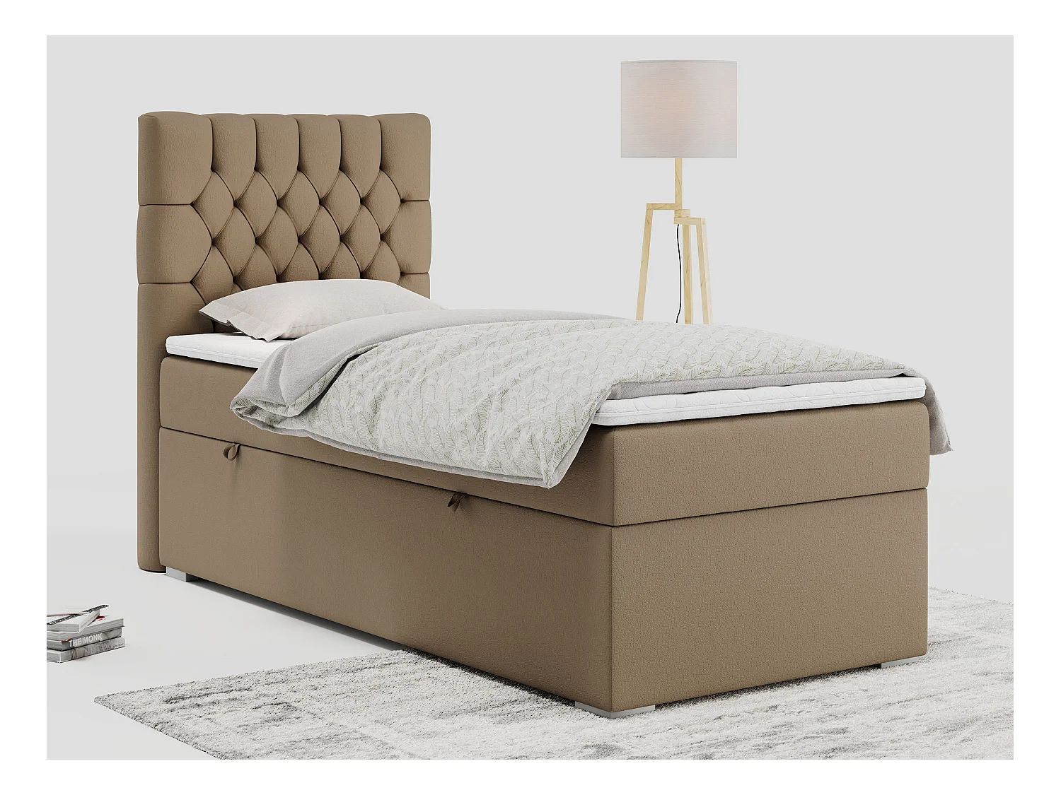 Boxspringbett PERA - Einzelbett mit Kopfstütze, Polsterbett, Multipocket-Matratze, genähtes Kopfteil - 90x200 cm - H4 - Braun Kunstleder - Links Seite