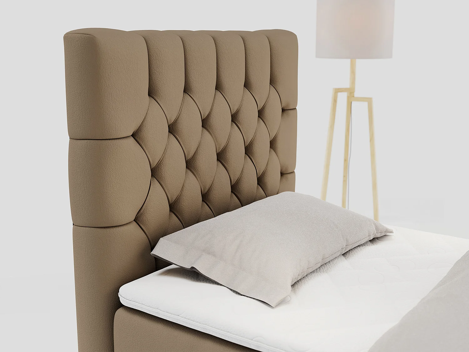 Boxspringbett PERA - Einzelbett mit Kopfstütze, Polsterbett, Multipocket-Matratze, genähtes Kopfteil - 90x200 cm - H4 - Braun Kunstleder - Links Seite