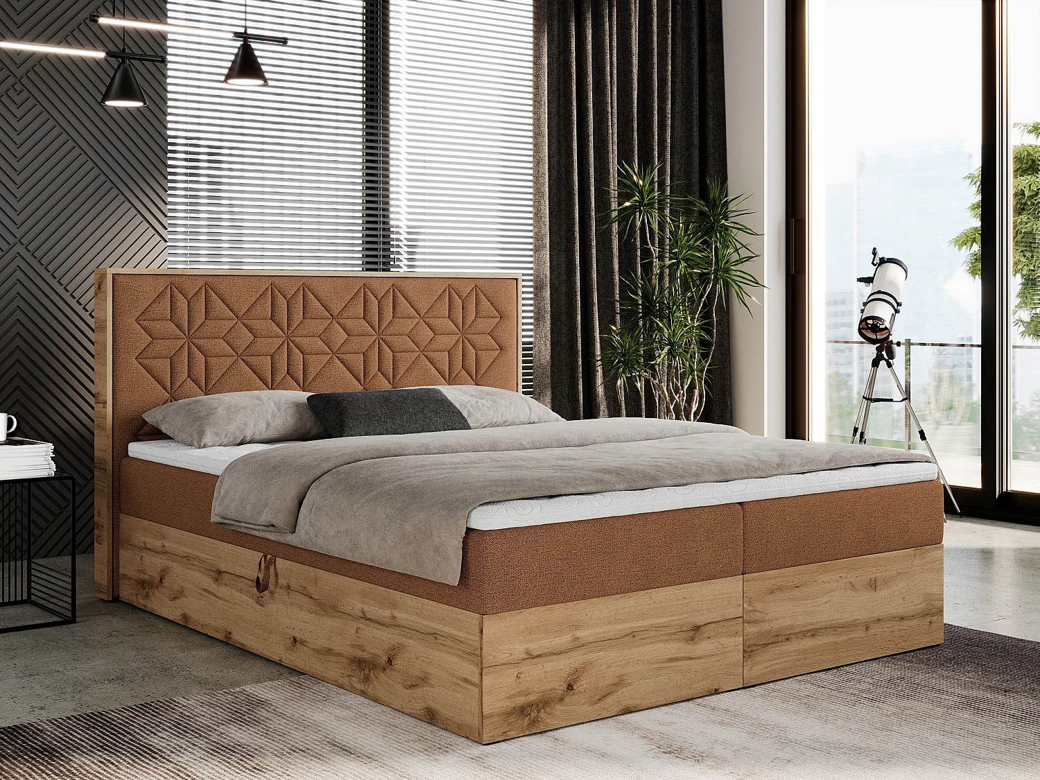 Boxspringbett NESSI - mit hoher Kopfstütze, Multipocket-Matratze und Topper, Doppelbett mit Bettkästen - 120x200 cm - H4 - Orange Strukture