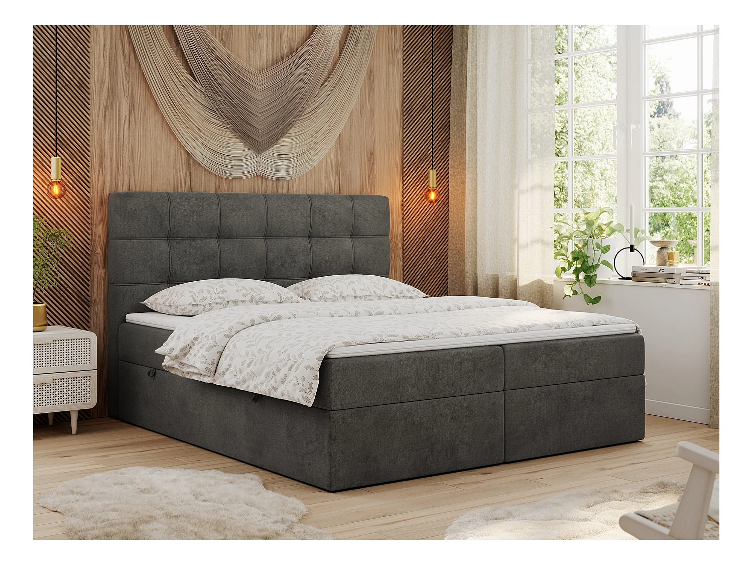 Boxspringbett ERNI - mit gestepptem Kopfteil, Polsterbett, Multipocket-Matratze und Topper, Bettkästen - 200x200 cm - H4 - Dunkelgrau Velvet