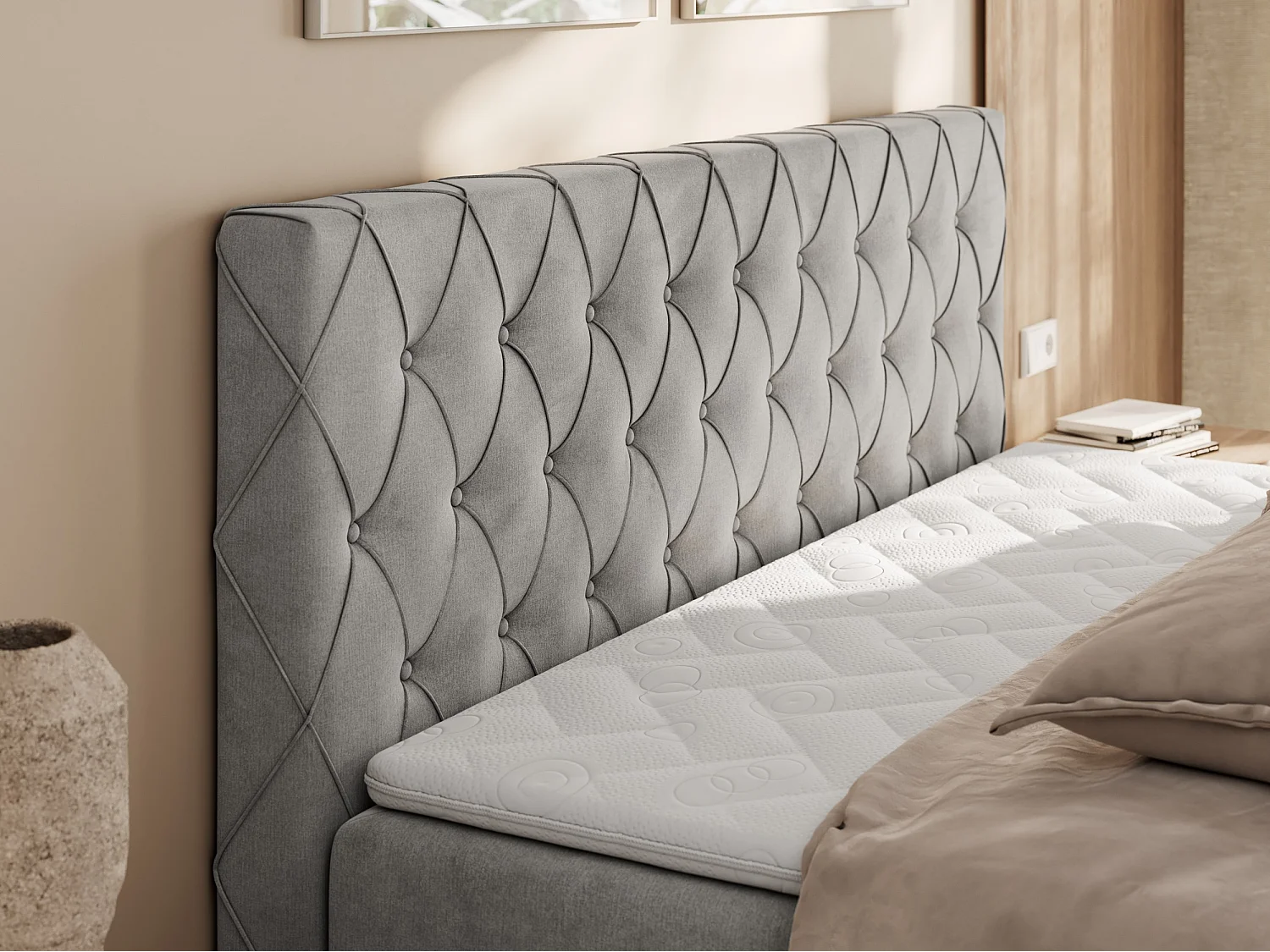 Boxspringbett MIREN DUO - mit gestepptem Kopfteil und Front, Multipocket-Matratze, zwei Bettkästen - 120x200 cm - H3 - Hellgrau Velvet