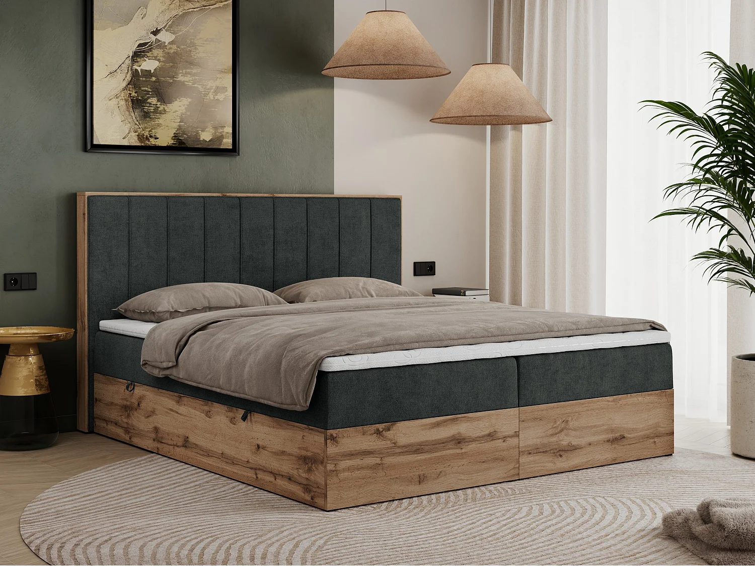 Boxspringbett BELLISSIMO - mit gestepptem Kopfteil, Polsterbett mit zwei Bettkästen, Multipocket-Matratze - 160x200 cm - H3 - Dunkelgrau Strukture