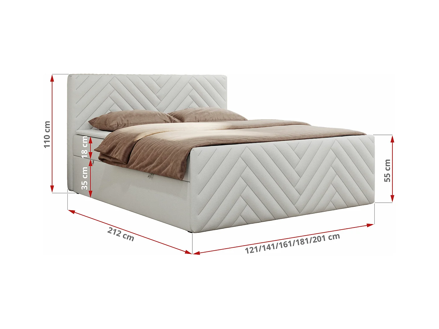 Boxspringbett PARIS DUO - Polsterbett mit genähtem Kopfteil und Frontplatte, Doppelbett, zwei Bettkästen - 120x200 cm - H3 - Weiß Kunstleder