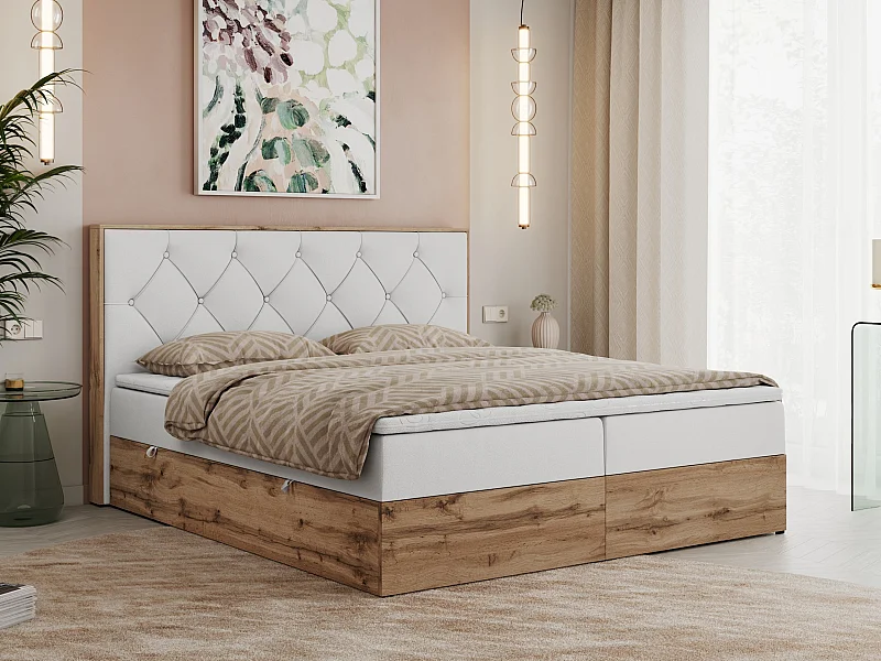 Boxspringbett VENETO - gestepptem Kopfteil, Set mit Multipocket-Matratze und Topper, Holzrahmen, zwei Bettkästen - 160x200 cm - H3 - Weiß Kunstleder