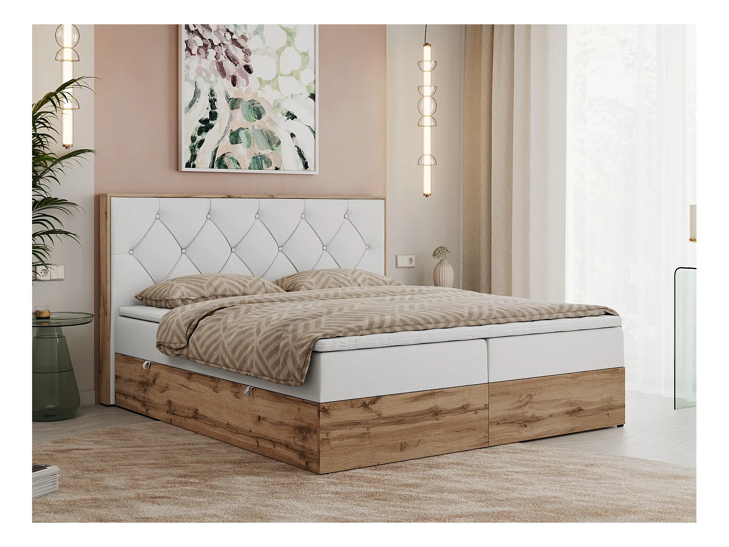 Boxspringbett VENETO - gestepptem Kopfteil, Set mit Multipocket-Matratze und Topper, Holzrahmen, zwei Bettkästen - 160x200 cm - H3 - Weiß Kunstleder