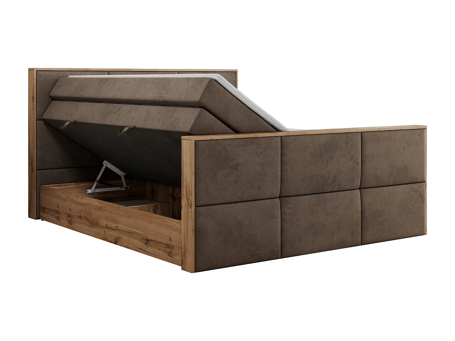 Boxspringbett ALBERO 2 KING DUO - Eiche Wotan Holzrahmen, zwei Multipocket-Matratzen, Bettkästen - 200x200 cm - H4 - Braun Velvet