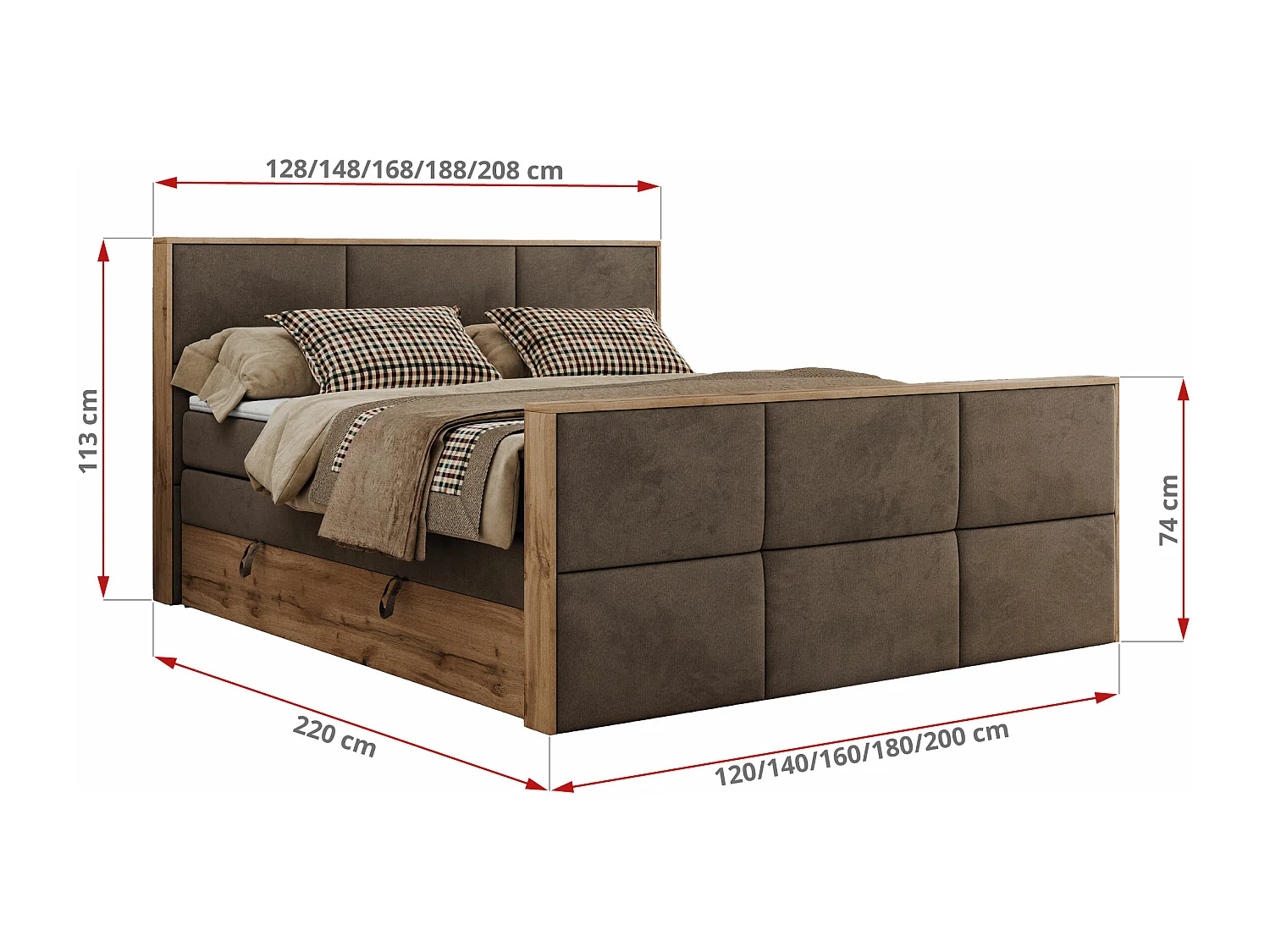 Boxspringbett ALBERO 2 KING DUO - Eiche Wotan Holzrahmen, zwei Multipocket-Matratzen, Bettkästen - 200x200 cm - H4 - Braun Velvet