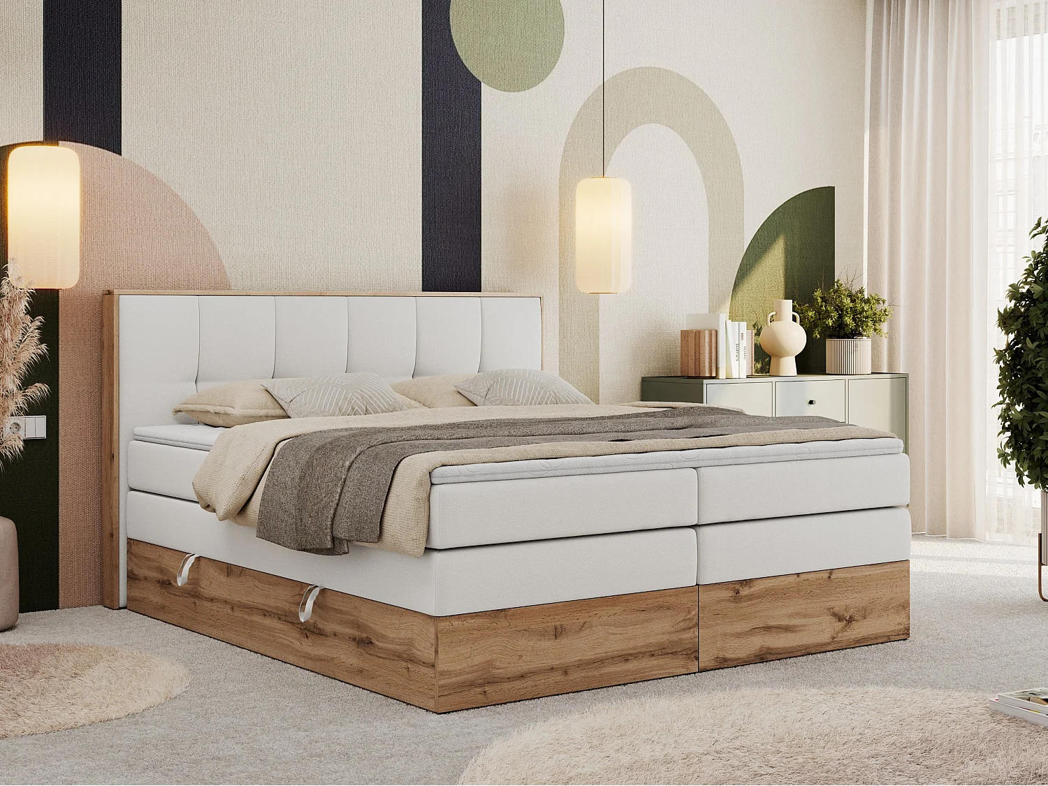 Boxspringbett ALBERO 1 KING - zwei 7 Härtezonen Multipocket-Matratzen, Doppelbett mit Stauraum, Eiche Wotan Holzrahmen - 160x200 cm - H3 - Weiß Kunstleder