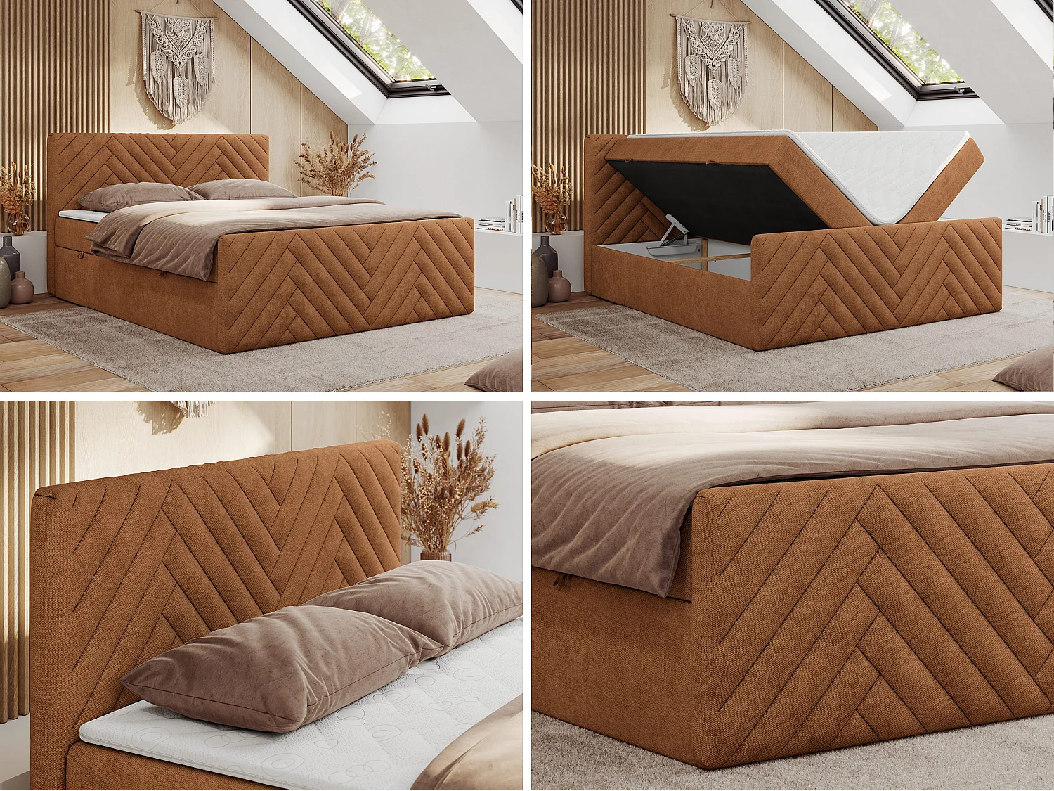 Boxspringbett PARIS DUO - Polsterbett mit genähtem Kopfteil und Frontplatte, Doppelbett, zwei Bettkästen - 140x200 cm - H4 - Orange Strukture