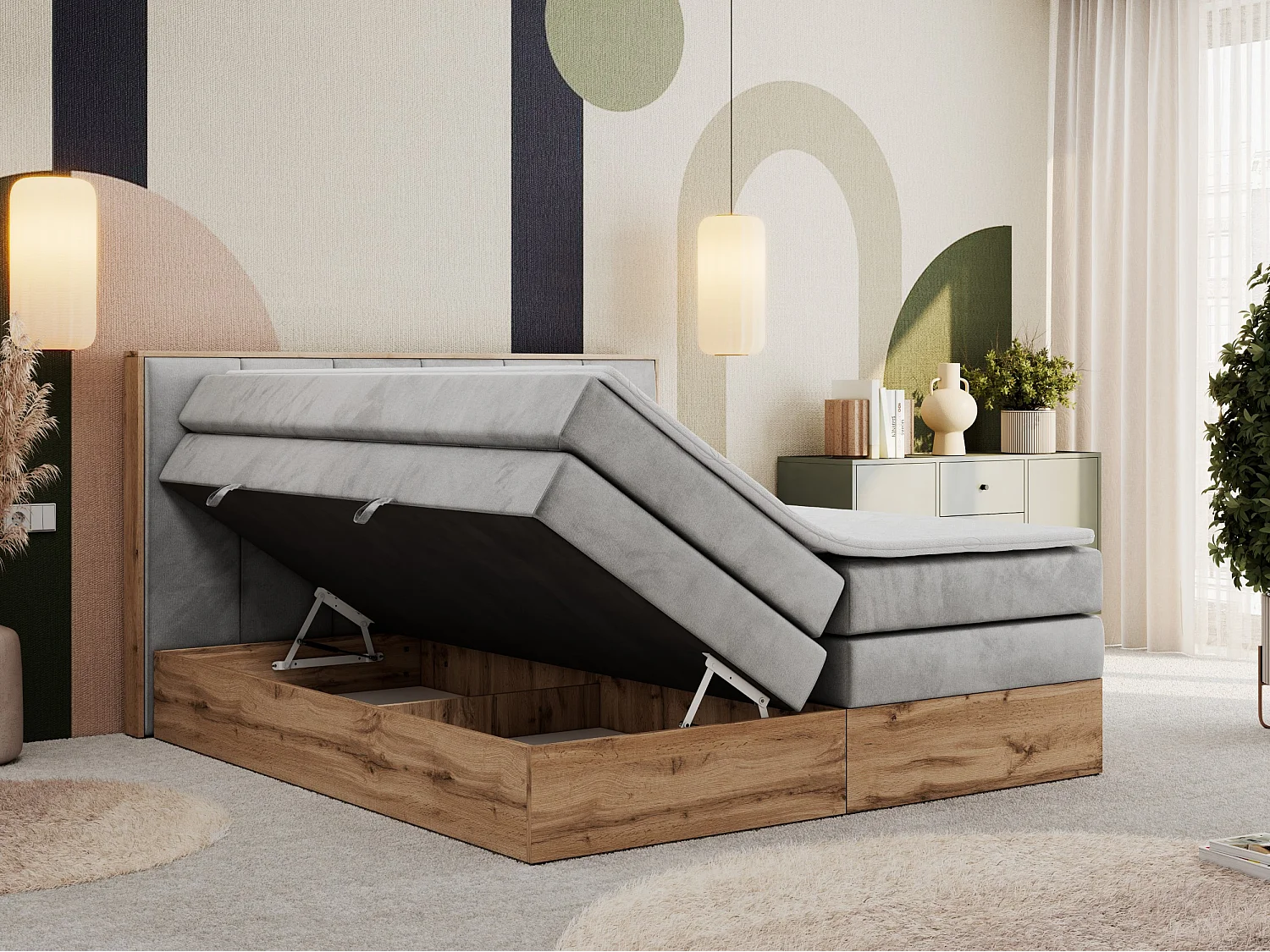 Boxspringbett ALBERO 1 KING - zwei 7 Härtezonen Multipocket-Matratzen, Doppelbett mit Stauraum, Eiche Wotan Holzrahmen - 120x200 cm - H4 - Hellgrau Velvet