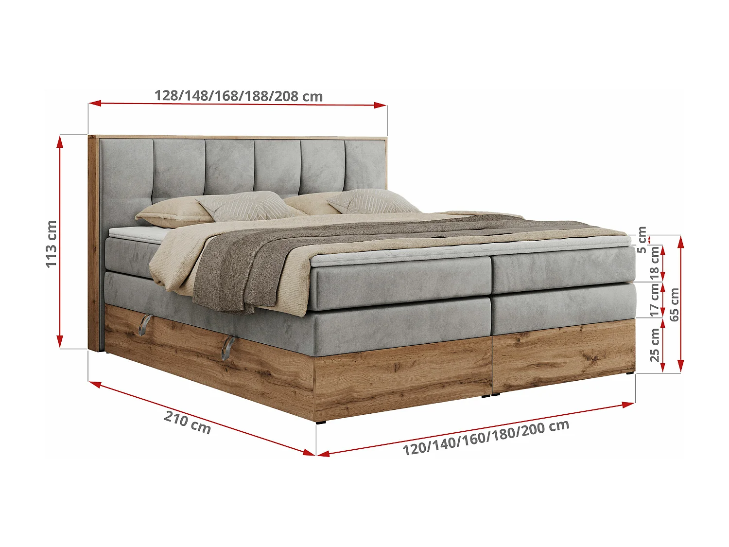 Boxspringbett ALBERO 1 KING - zwei 7 Härtezonen Multipocket-Matratzen, Doppelbett mit Stauraum, Eiche Wotan Holzrahmen - 120x200 cm - H4 - Hellgrau Velvet