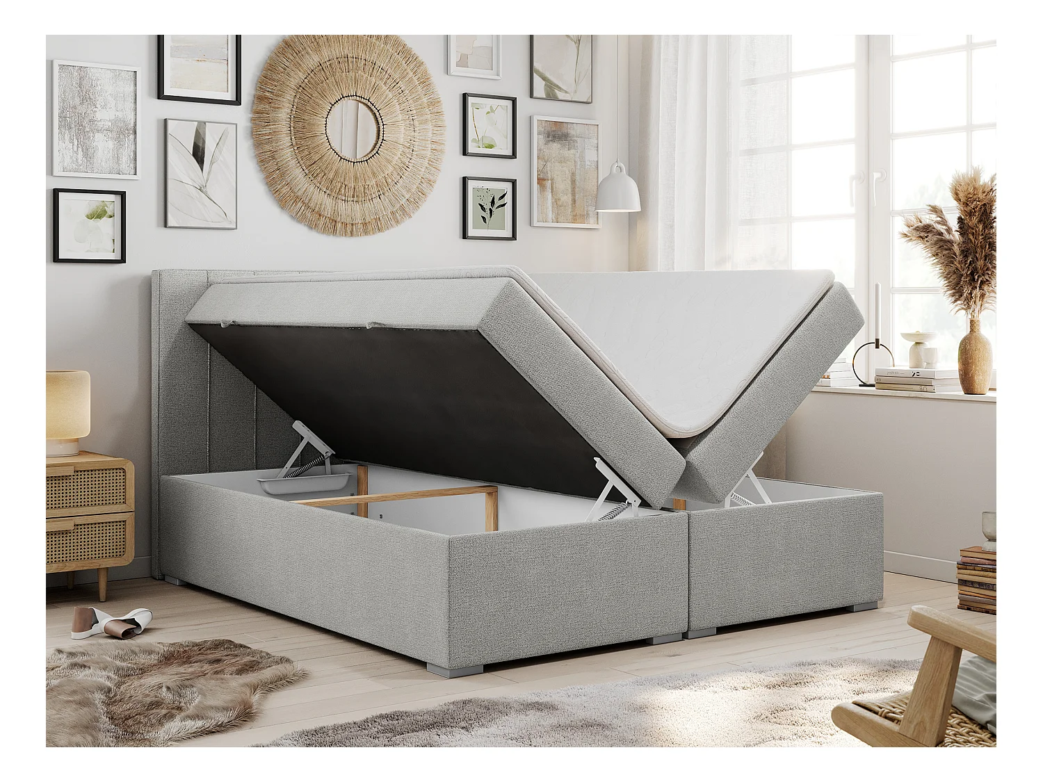 Boxspringbett ALLY - gestreiftes, genähtes Kopfteil, zwei Bettkästen, Multipocket-Matratzen, Praktisch Polsterbett - 160x200 cm - H3 - Hellgrau Strukture