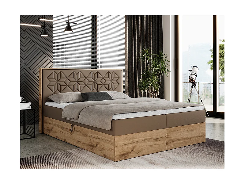 Boxspringbett NESSI - mit hoher Kopfstütze, Multipocket-Matratze und Topper, Doppelbett mit Bettkästen - 200x200 cm - H4 - Braun Kunstleder