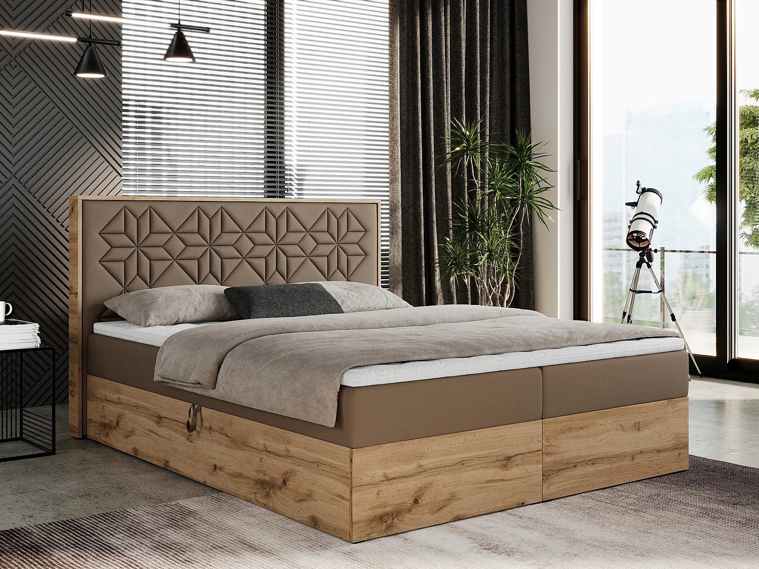 Boxspringbett NESSI - mit hoher Kopfstütze, Multipocket-Matratze und Topper, Doppelbett mit Bettkästen - 200x200 cm - H4 - Braun Kunstleder