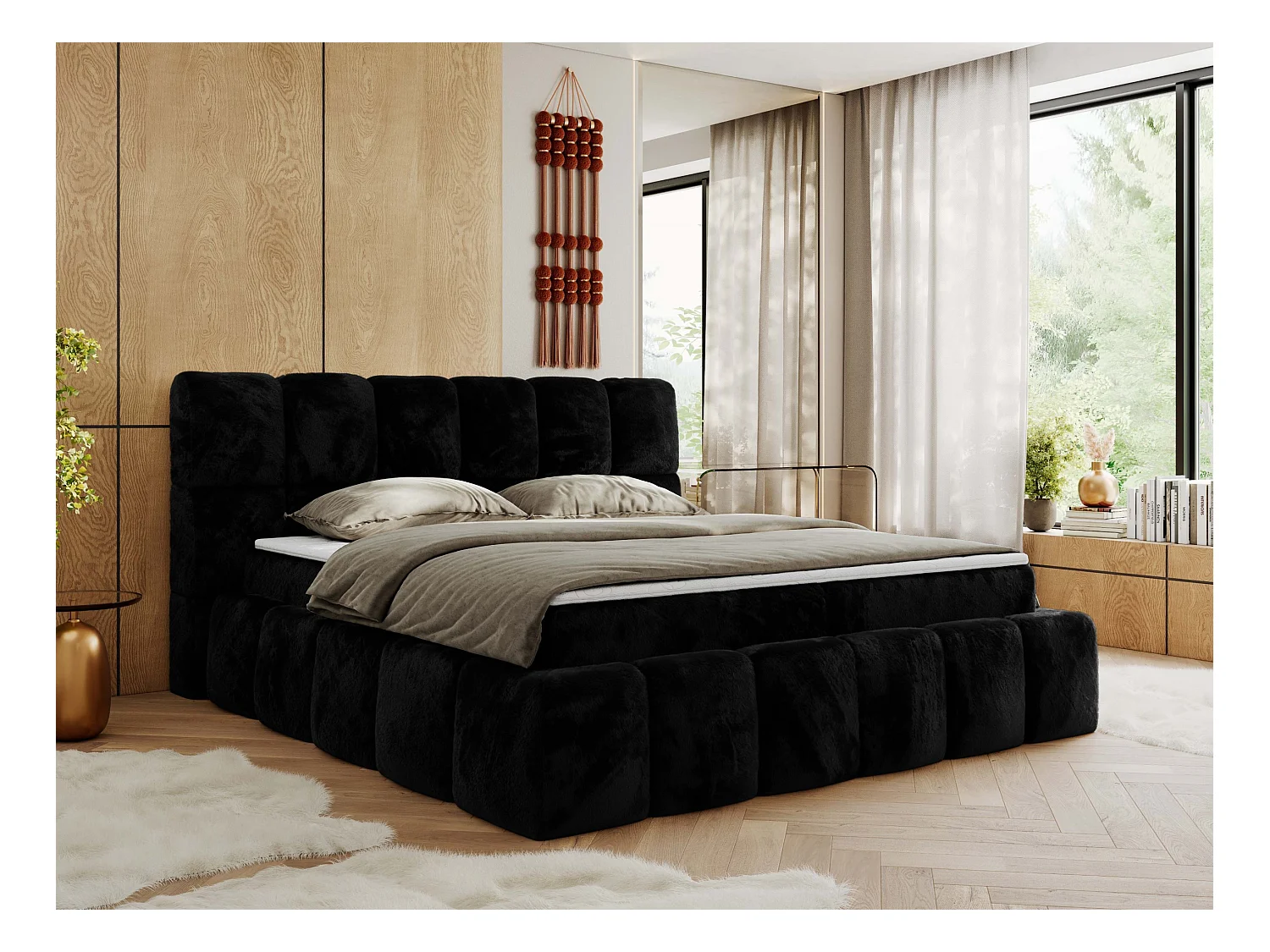 Boxspringbett NIRA - dekorativ kopfteil, Bettkästen und Multipocket-Matratze, Doppelbett für Schlafzimmer - 200x200 cm - H3 - Schwarz Plüsch