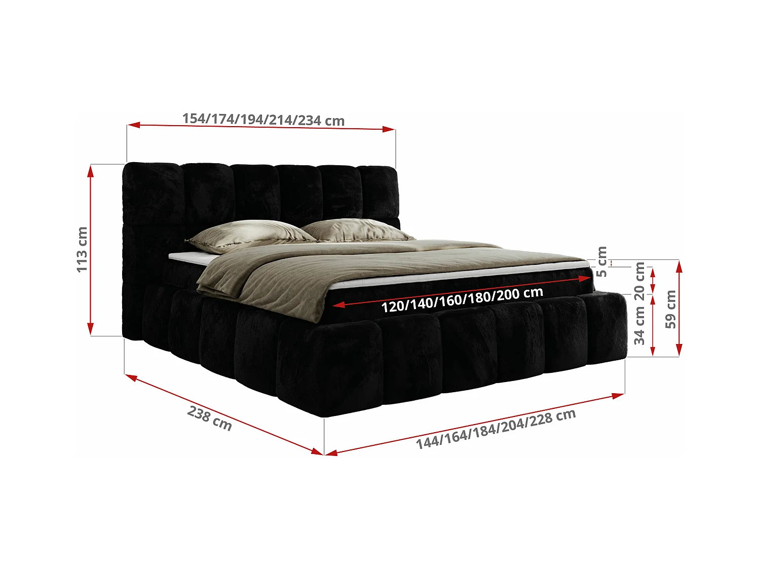 Boxspringbett NIRA - dekorativ kopfteil, Bettkästen und Multipocket-Matratze, Doppelbett für Schlafzimmer - 200x200 cm - H3 - Schwarz Plüsch