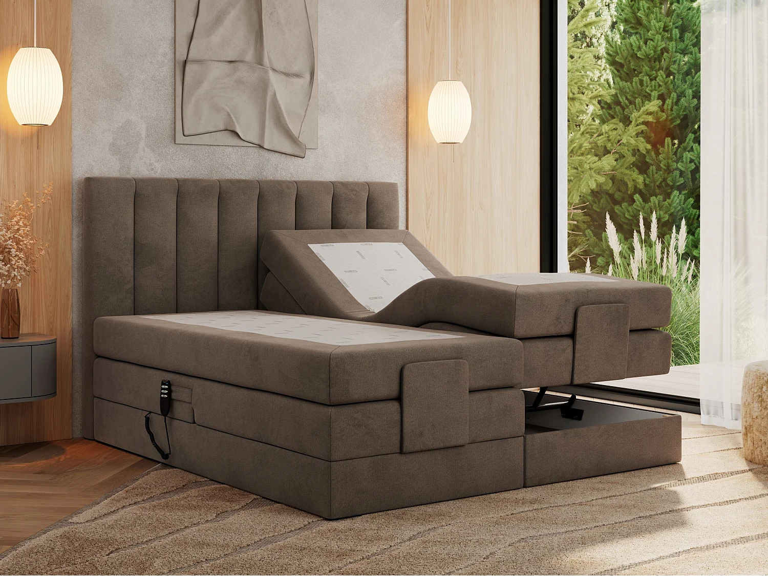 Boxspringbett COMFORTO - Doppelbett, Elektrisch verstellbare, Multipocket-Matratzen und Topper, genähtes Kopfteil - 200x200 cm - H4 - Braun Velvet