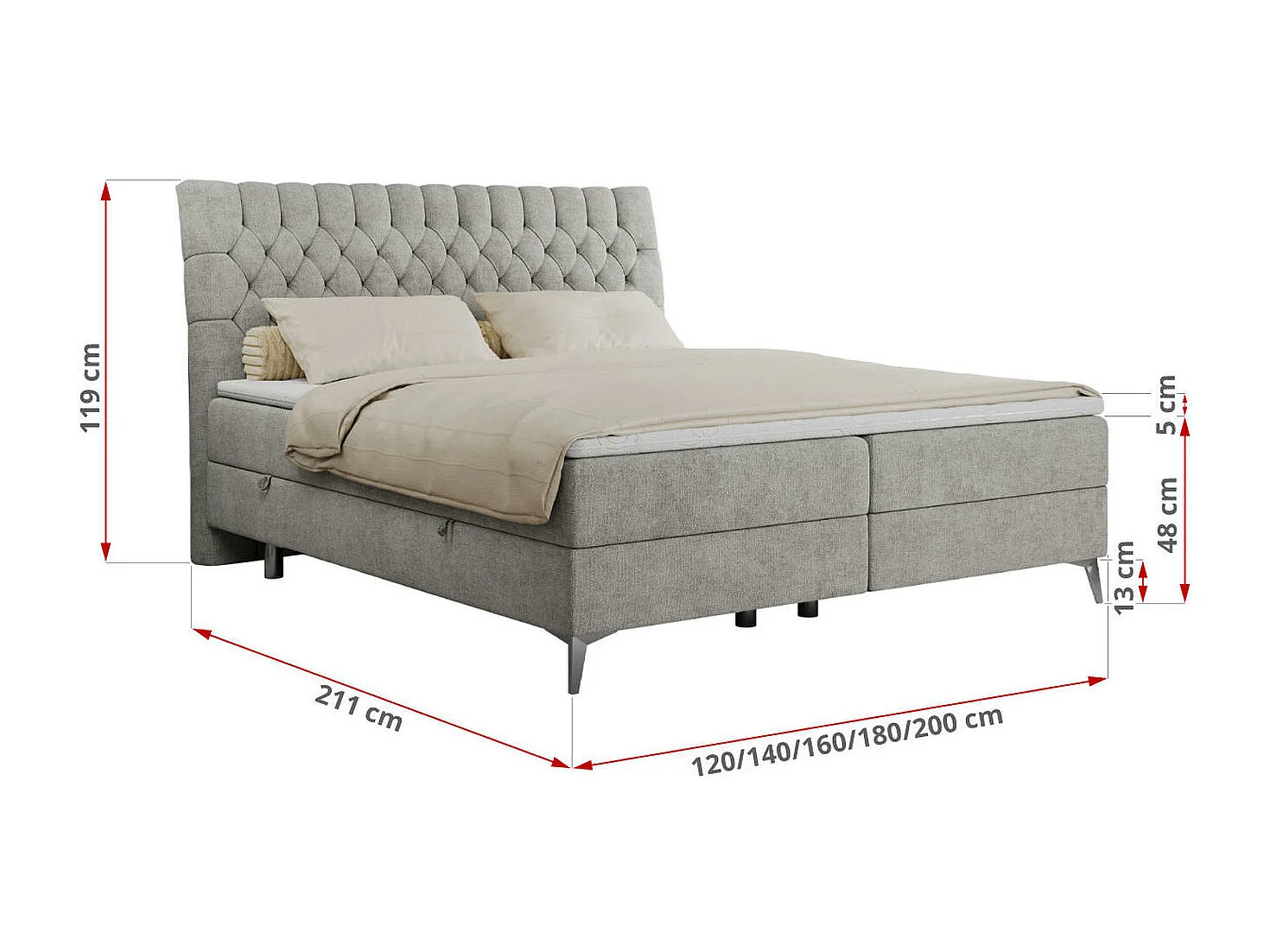 Boxspringbett MILEN - gepolstertes Schlafzimmerbett, zwei Multipocket-Matratze, dekorative hohe Beine - 200x200 cm - H3 - Hellgrau Strukture