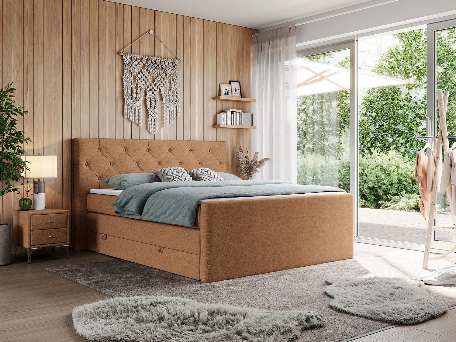 Boxspringbett VELEN KING - Doppelbett mit gestepptem Kopfteil, zwei Multipocket-Matratzen, Polsterbett mit Kopfstütze - 180x200 cm - H3 - Orange Strukture