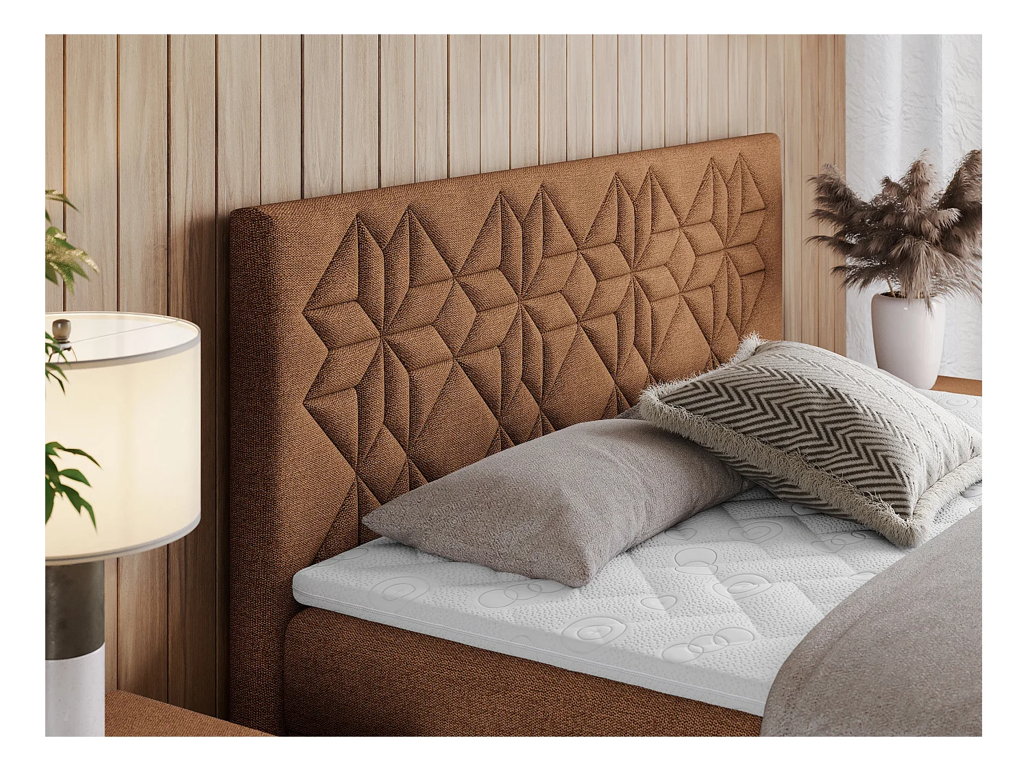 Boxspringbett LEILA - gestepptes Kopfteil,  7 Härtezonen Multipocket-Matratzen, Doppelbett mit Bettkästen - 140x200 cm - H4 - Orange Strukture