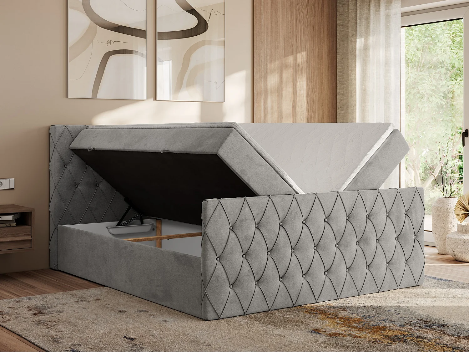 Boxspringbett MIREN DUO - mit gestepptem Kopfteil und Front, Multipocket-Matratze, zwei Bettkästen - 180x200 cm - H4 - Hellgrau Velvet