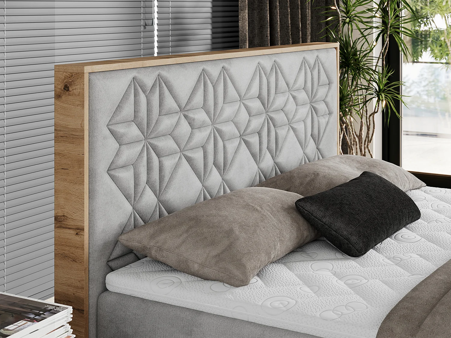 Boxspringbett NESSI - mit hoher Kopfstütze, Multipocket-Matratze und Topper, Doppelbett mit Bettkästen - 200x200 cm - H4 - Hellgrau Velvet