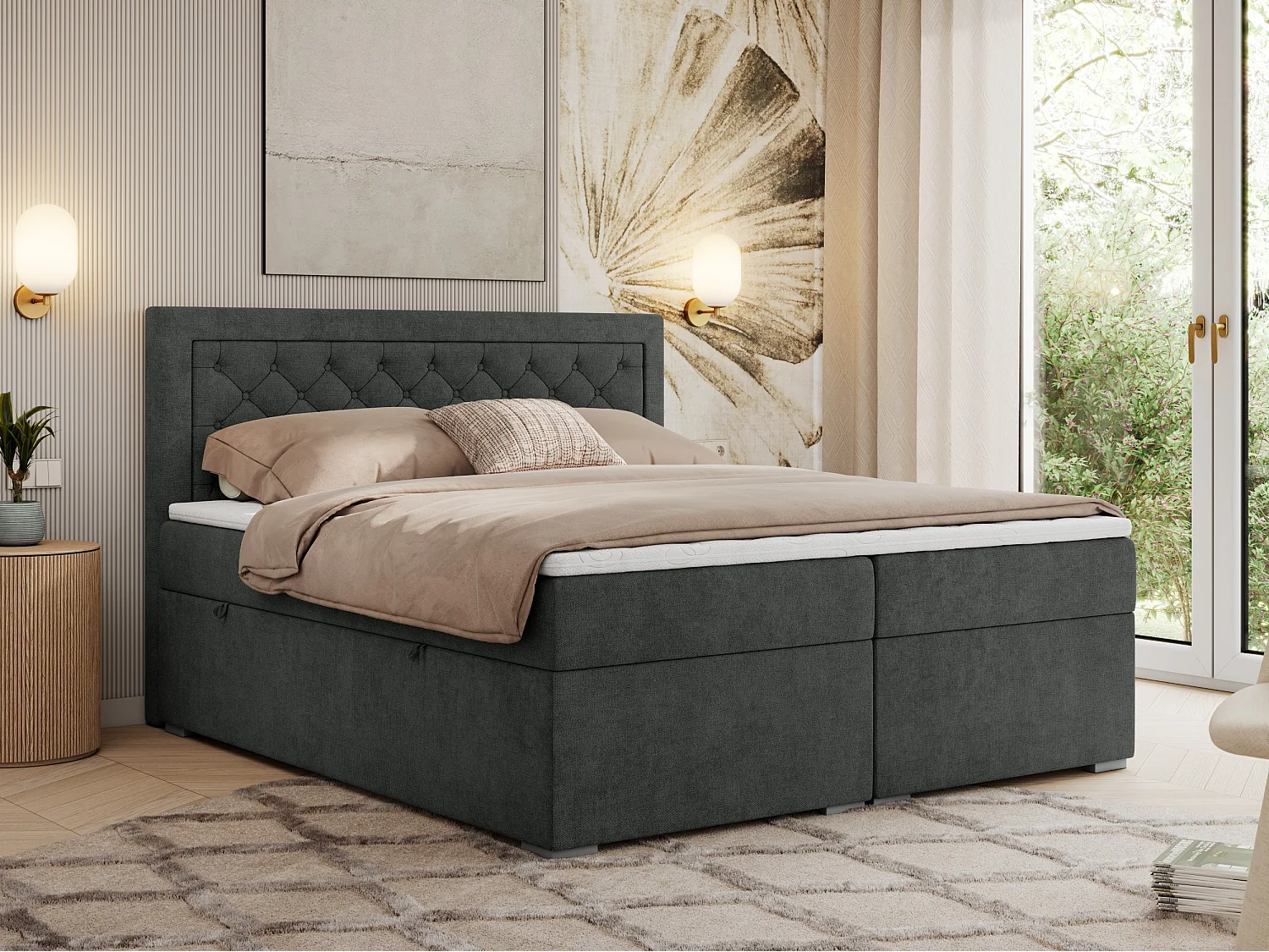 Boxspringbett JASIR - mit gestepptem Kopfteil, Doppelbett für Schlafzimmer, Multipocket-Matratze, Stauraum - 140x200 cm - H3 - Dunkelgrau Strukture