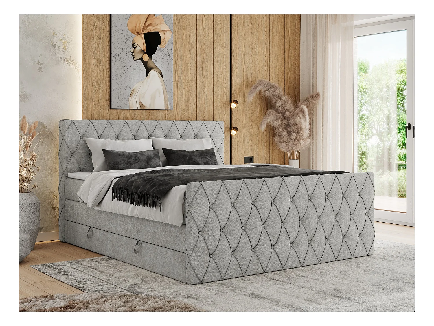 Boxspringbett MIREN KING DUO - für Schlafzimmer mit zwei Multipocket-Matratzen und Topper, gestepptes Kopfteil und Front  - 140x200 cm - H4 - Hellgrau Strukture