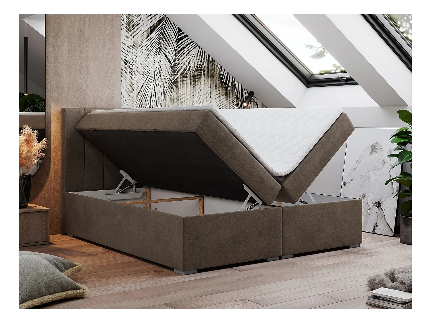 Boxspringbett LOPE - genähtes Kopfteil, Doppelbett mit Stauraum, Multipocket-Matratze, Topper - 120x200 cm - H4 - Braun Velvet