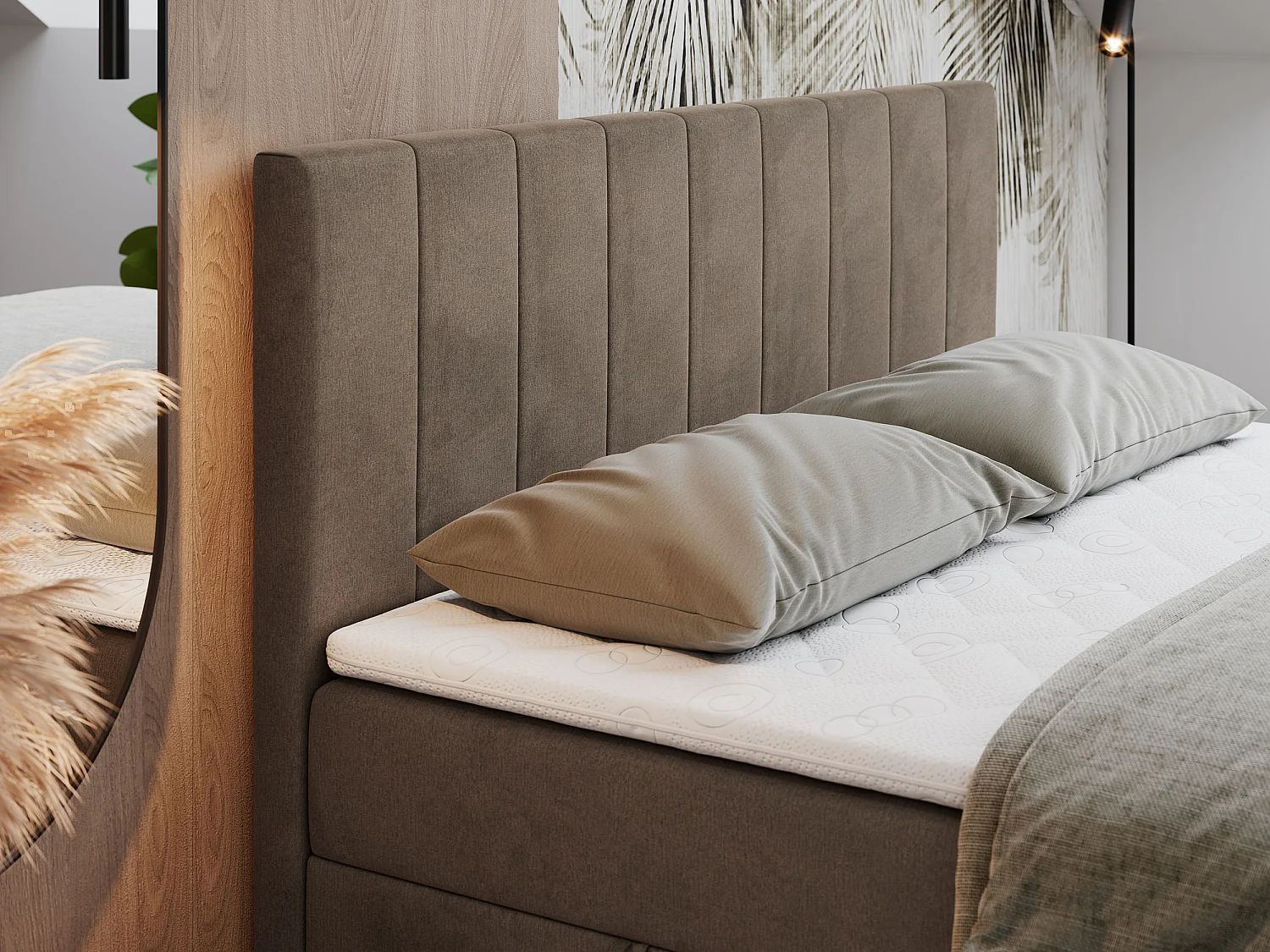 Boxspringbett LOPE - genähtes Kopfteil, Doppelbett mit Stauraum, Multipocket-Matratze, Topper - 120x200 cm - H4 - Braun Velvet