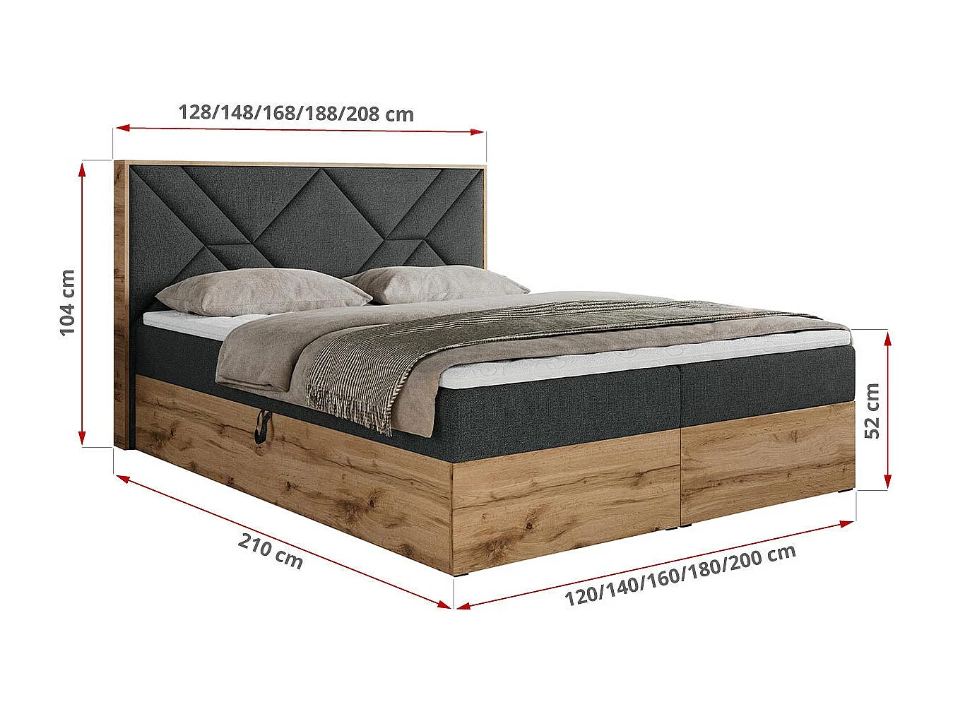 Boxspringbett GUNAR - gepolster kopfteil, Doppelbett mit Multipocket-Matratze, zwei Bettkästen - 180x200 cm - H3 - Dunkelgrau Strukture