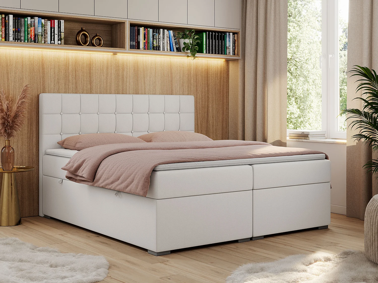 Boxspringbett CARMEN - Polsterbett mit zwei Bettkästen, gesteppte Kopfstütze, Multipocket-Matratze - 200x200 cm - H4 - Weiß Kunstleder