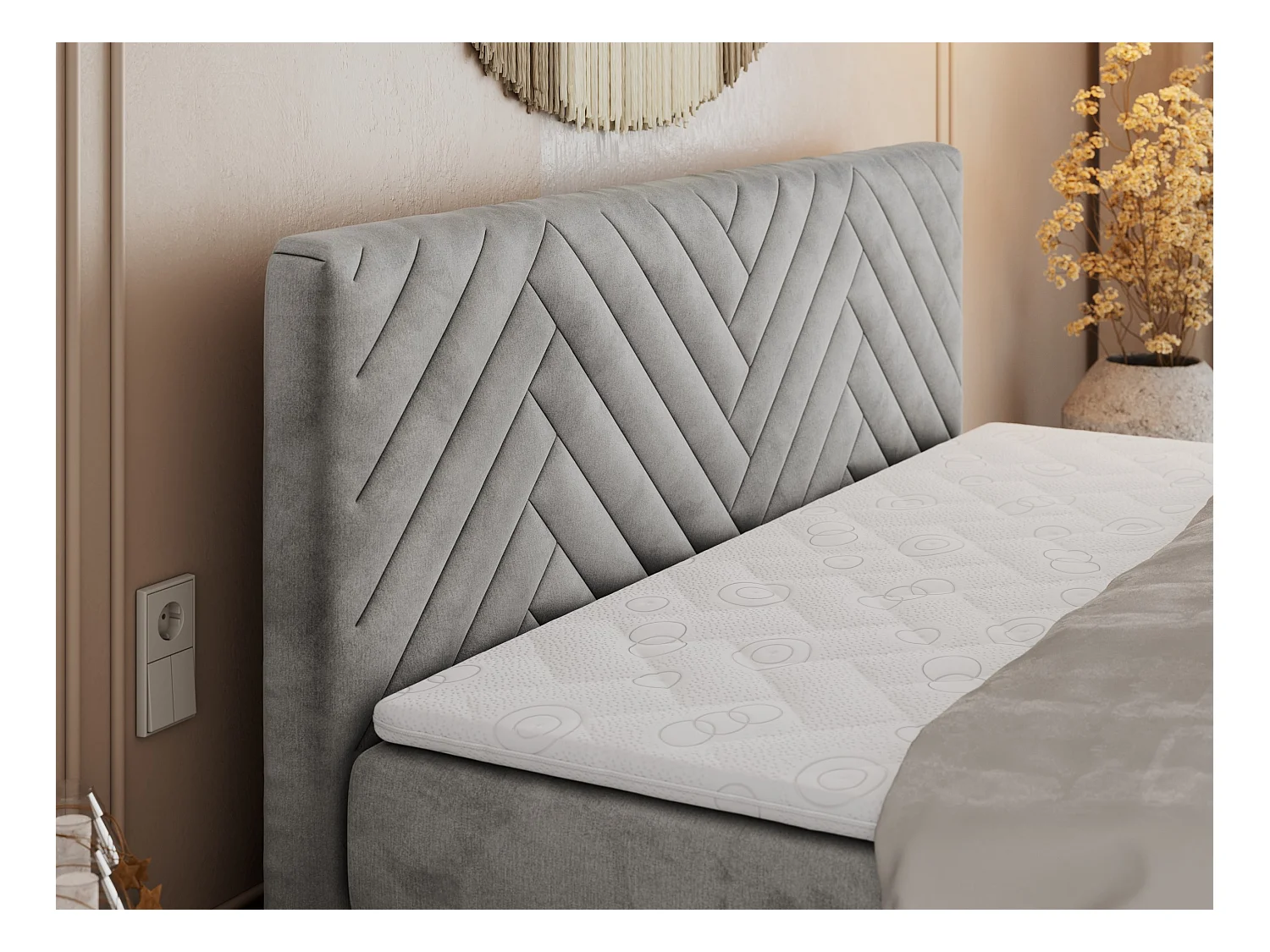 Boxspringbett PARIS KING DUO - dekorative Kopfstütze und Front, zwei Multipocket-Matratze mit Topper - 120x200 cm - H3 - Hellgrau Velvet