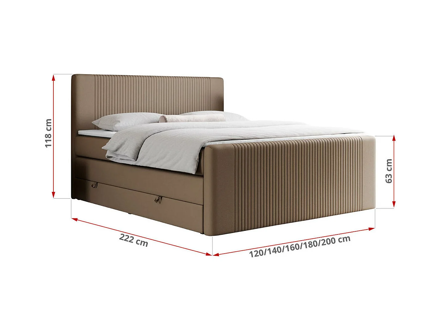 Boxspringbett DOREN KING - mit gesteppter Front und Kopfteil, zwei Multipocket-Matratzen und Topper, Doppelbett - 160x200 cm - H4 - Braun Kunstleder