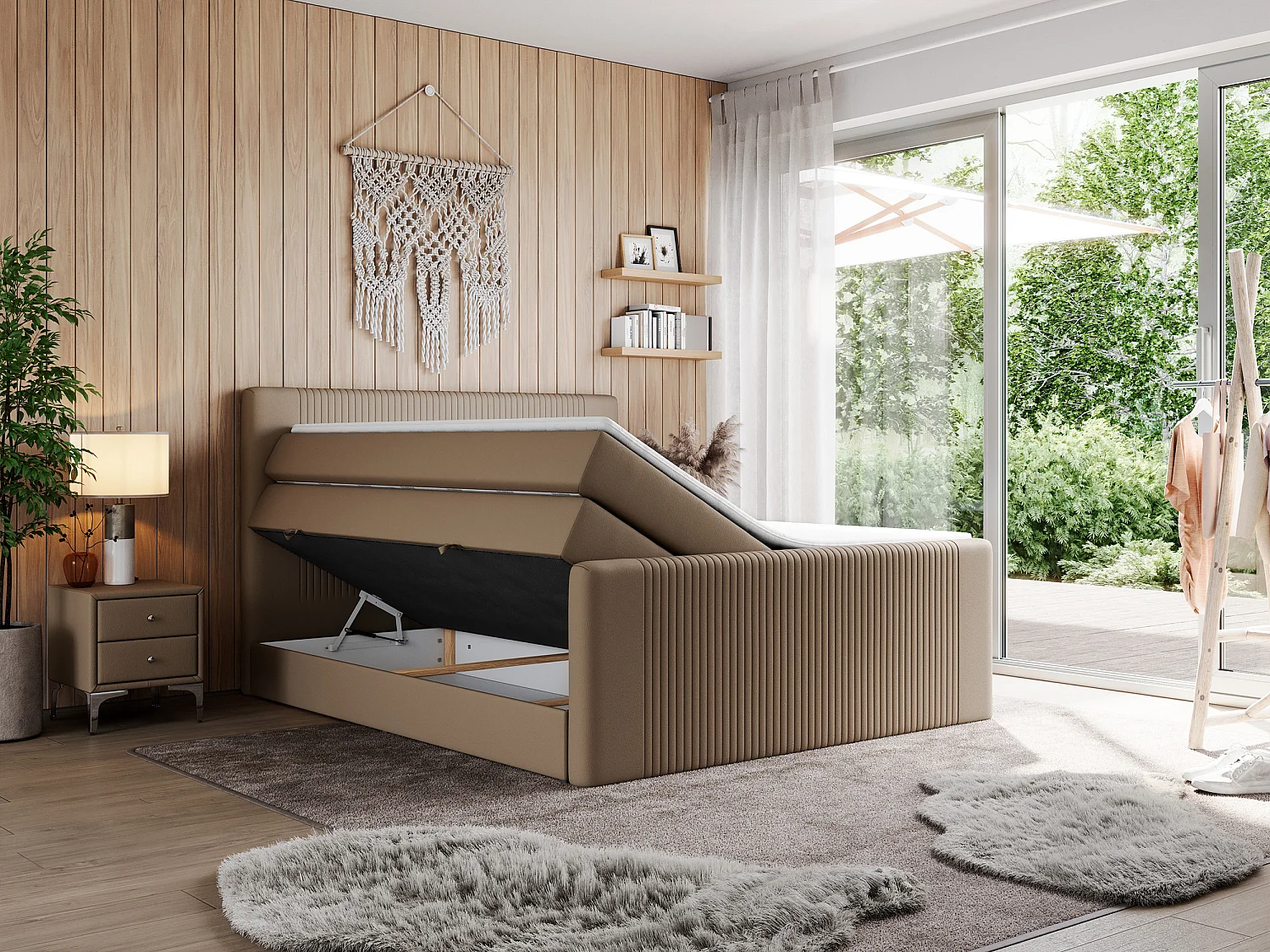 Boxspringbett DOREN KING - mit gesteppter Front und Kopfteil, zwei Multipocket-Matratzen und Topper, Doppelbett - 160x200 cm - H4 - Braun Kunstleder