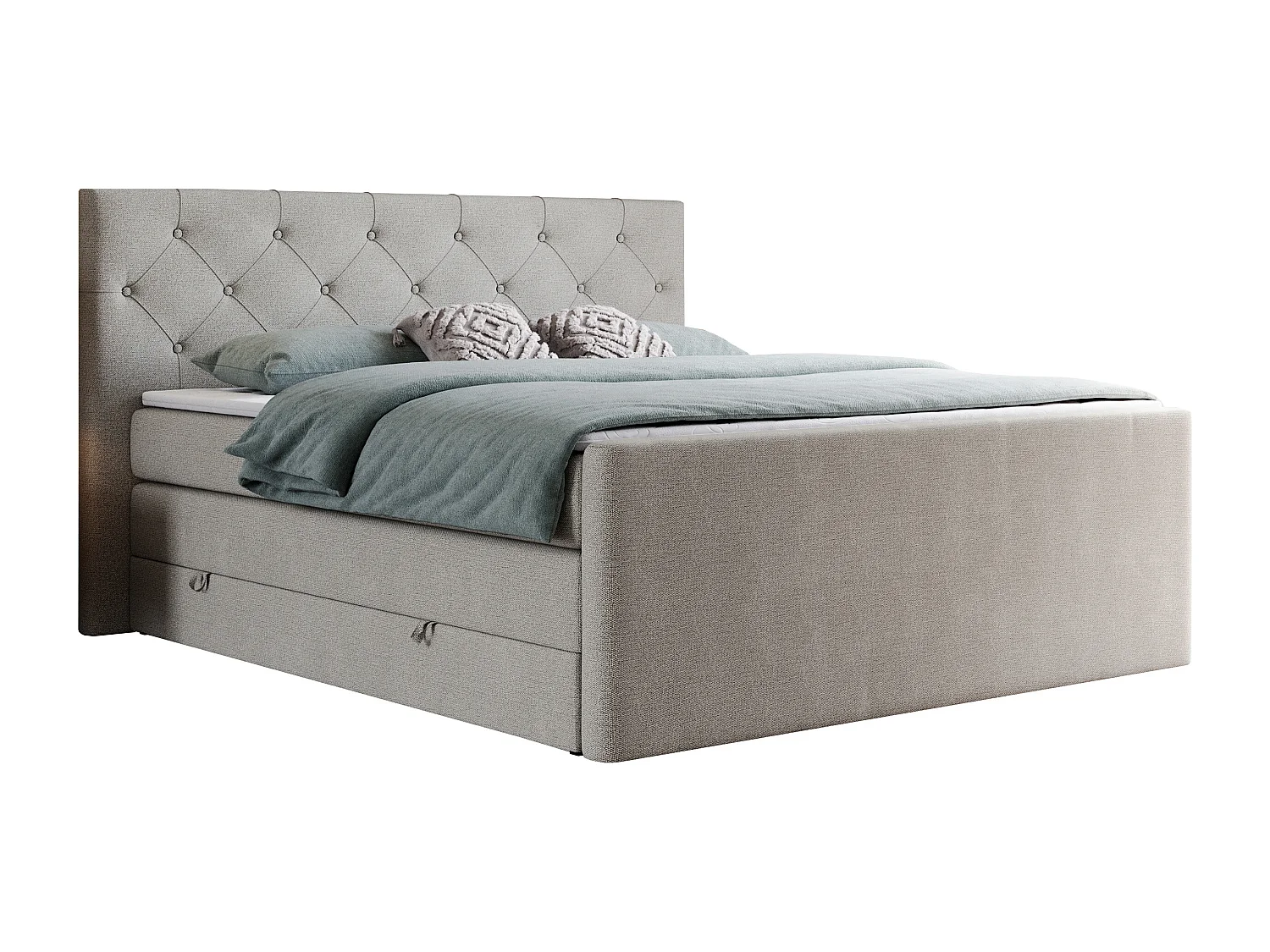 Boxspringbett VELEN KING - Doppelbett mit gestepptem Kopfteil, zwei Multipocket-Matratzen, Polsterbett mit Kopfstütze - 180x200 cm - H3 - Beige Strukture