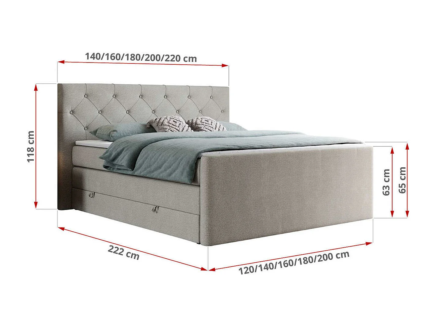 Boxspringbett VELEN KING - Doppelbett mit gestepptem Kopfteil, zwei Multipocket-Matratzen, Polsterbett mit Kopfstütze - 180x200 cm - H3 - Beige Strukture