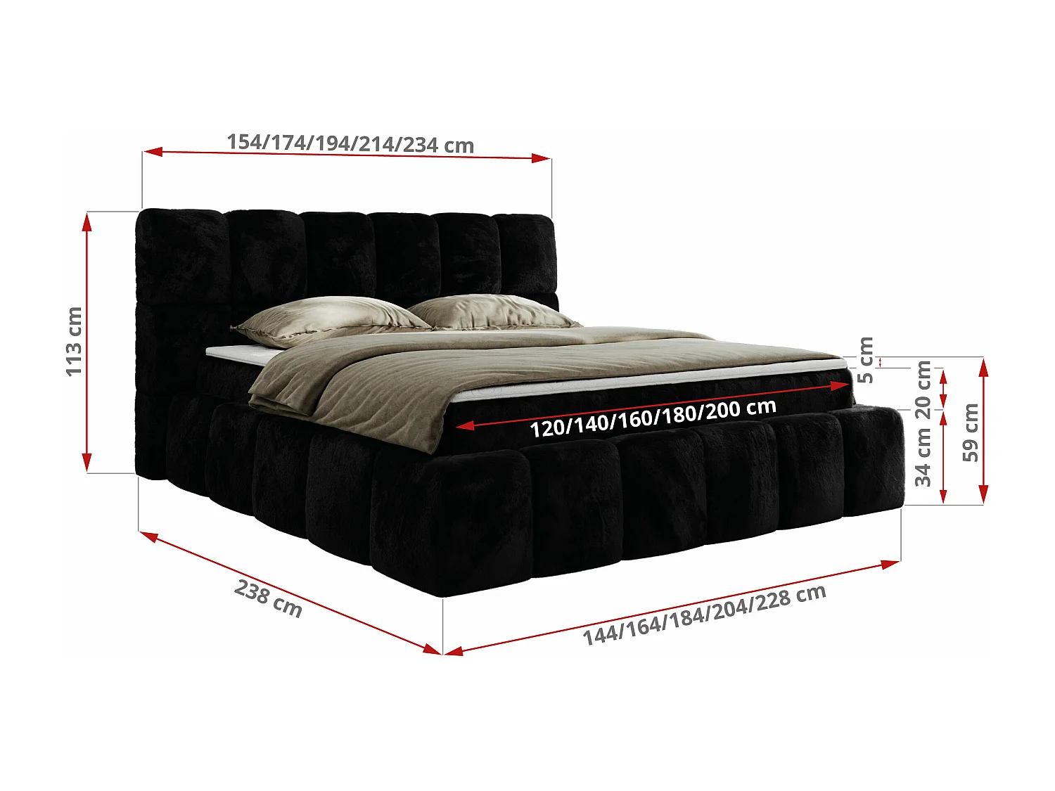 Boxspringbett NIRA - dekorativ kopfteil, Bettkästen und Multipocket-Matratze, Doppelbett für Schlafzimmer - 160x200 cm - H3 - Schwarz Plüsch